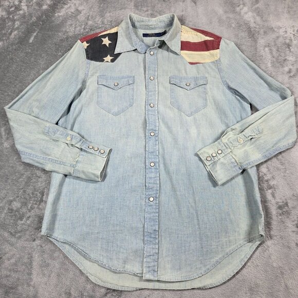 Polo Ralph Lauren Top Womens M Blue Chambray Pearl Snap Western American Flag - Picture 1 of 10